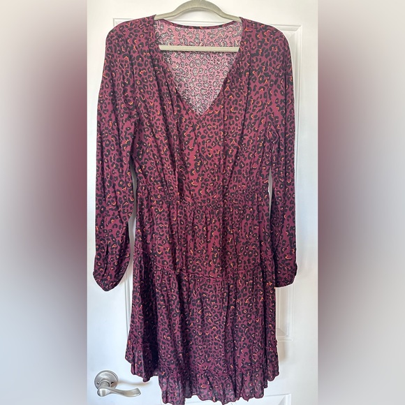 NWOT Burgundy Brown & Black Animal Leopard Pattern Tiered Dress, Long Sleeve -XL - Picture 2 of 9